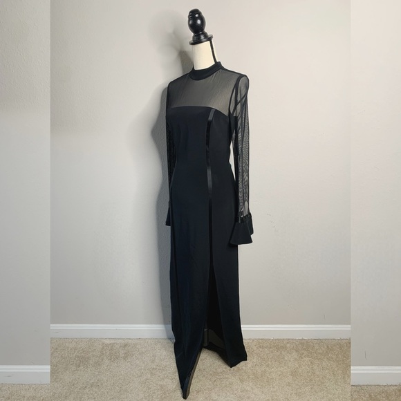 Oleg Cassini Black Sheer Mesh Long Sleeve High Split Maxi Formal Maxi Gown - Picture 5 of 16